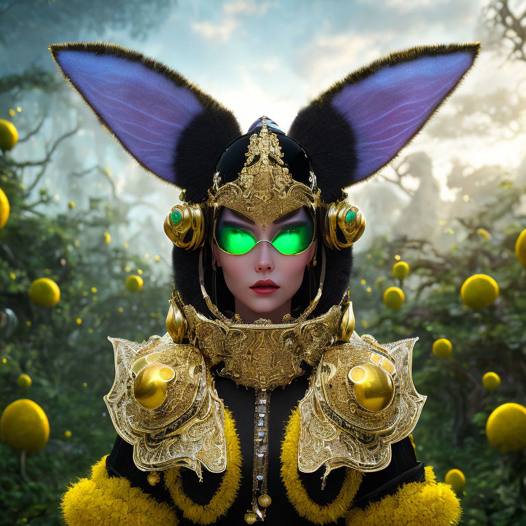 Fantastical female figure with pointed ears and golden headgear in surreal forest.