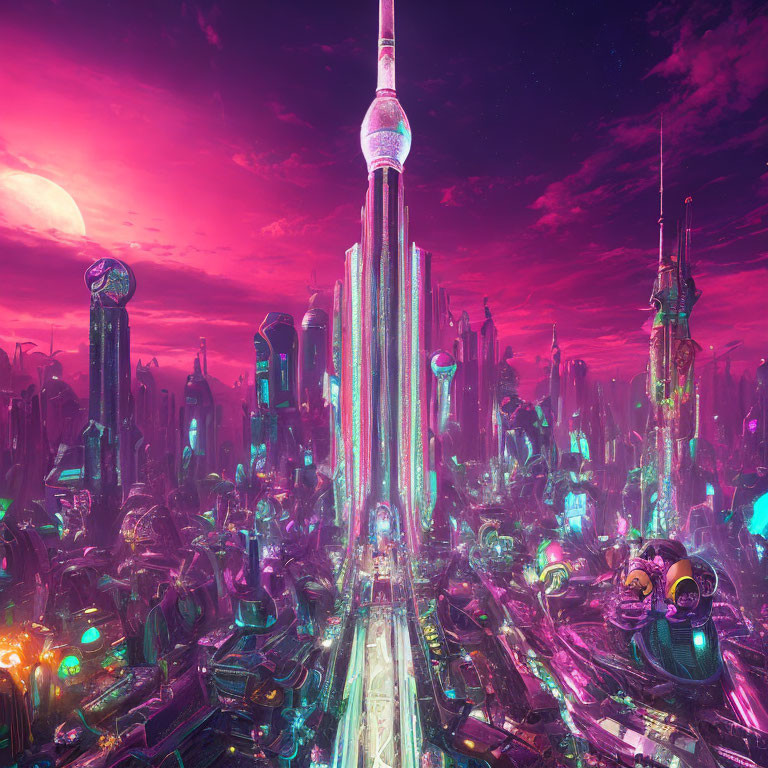 Futuristic cityscape with central tower and neon lights at dusk