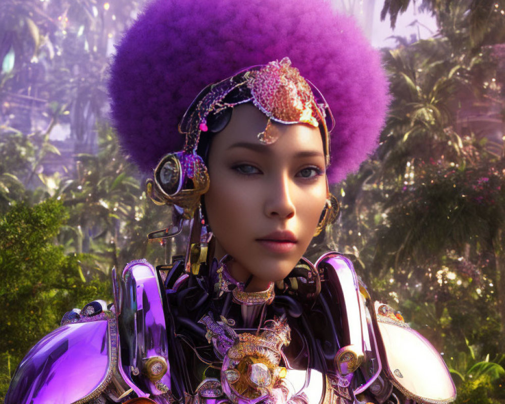Futuristic woman in purple afro and cybernetic armor with golden headgear in lush jungle