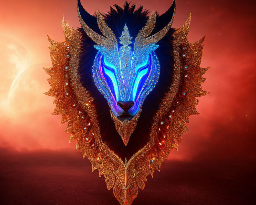 Ornate blue lion's head with gold and red jewels against dramatic red sky