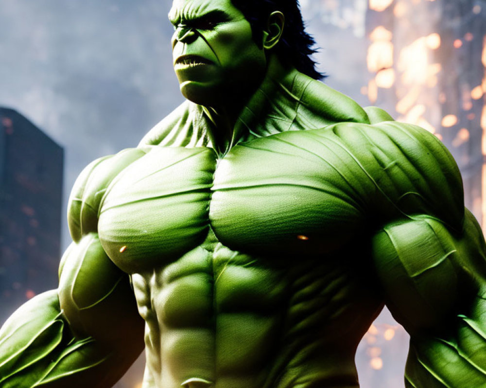 Green-skinned muscular character scowls in industrial setting