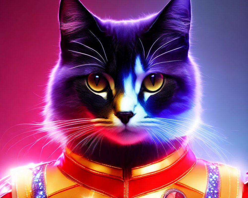 Stylized cat with human-like features in futuristic orange suit on gradient background