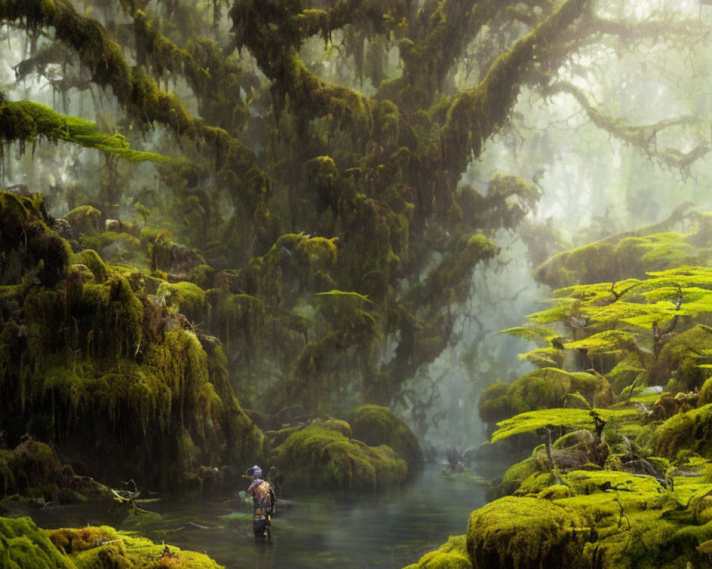 Person standing in misty forest stream surrounded by lush green moss-covered trees
