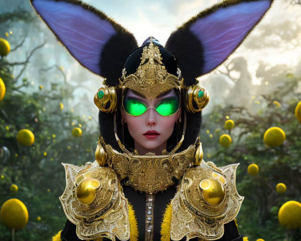 Fantastical female figure with pointed ears and golden headgear in surreal forest.