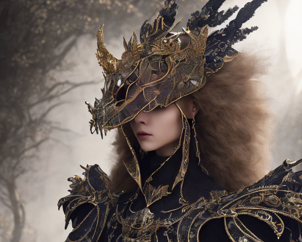 Person in Golden Dragon Mask with Intricate Costume in Misty Forest