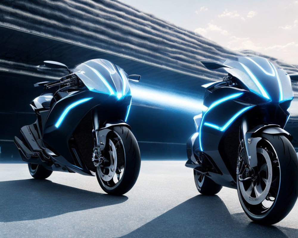 Sleek Blue and Black Futuristic Motorcycle with Glowing Lights