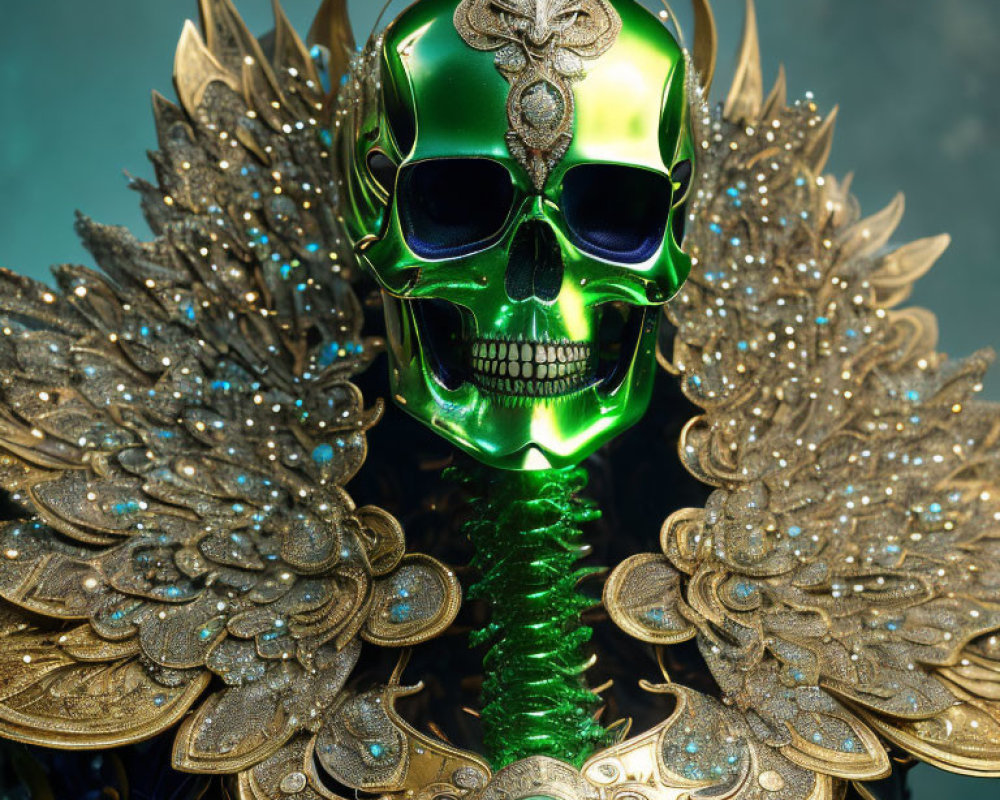 Metallic skull with glowing green eyes and gemstone, adorned in golden winged armor.