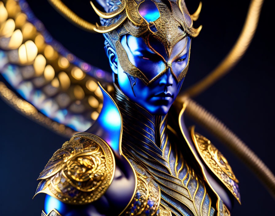 Futuristic armored female figure with blue skin and gold armor