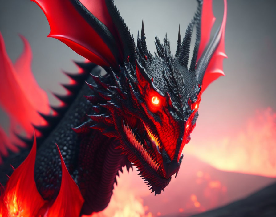 Red and Black Dragon with Glowing Eyes in Volcanic Landscape