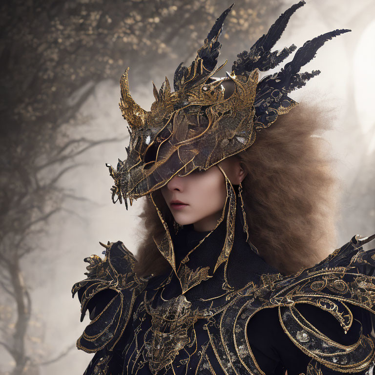 Person in Golden Dragon Mask with Intricate Costume in Misty Forest