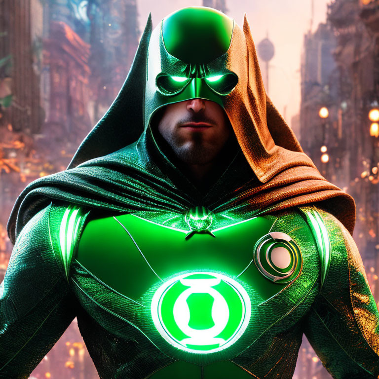 Superhero in Green Lantern-inspired costume with glowing symbol in futuristic city