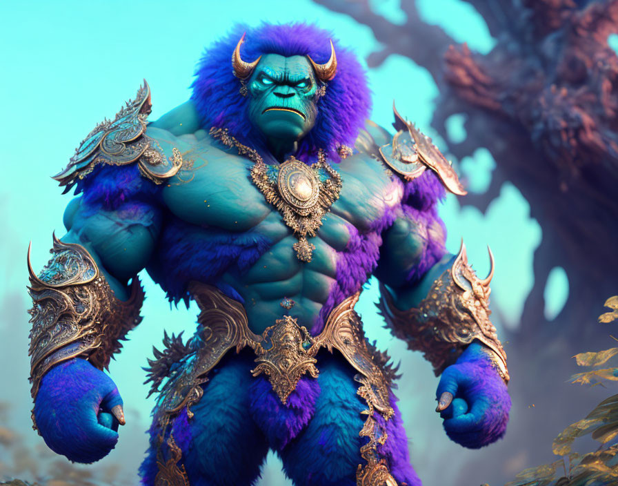 Blue-skinned horned creature in gold armor in fantasy setting