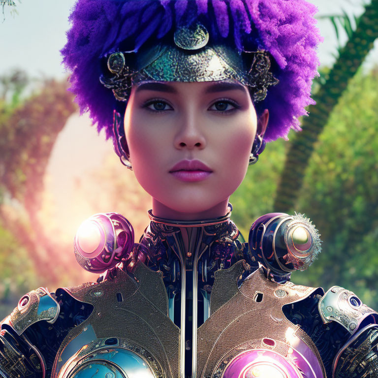 Futuristic woman in ornate purple mechanical armor on green background