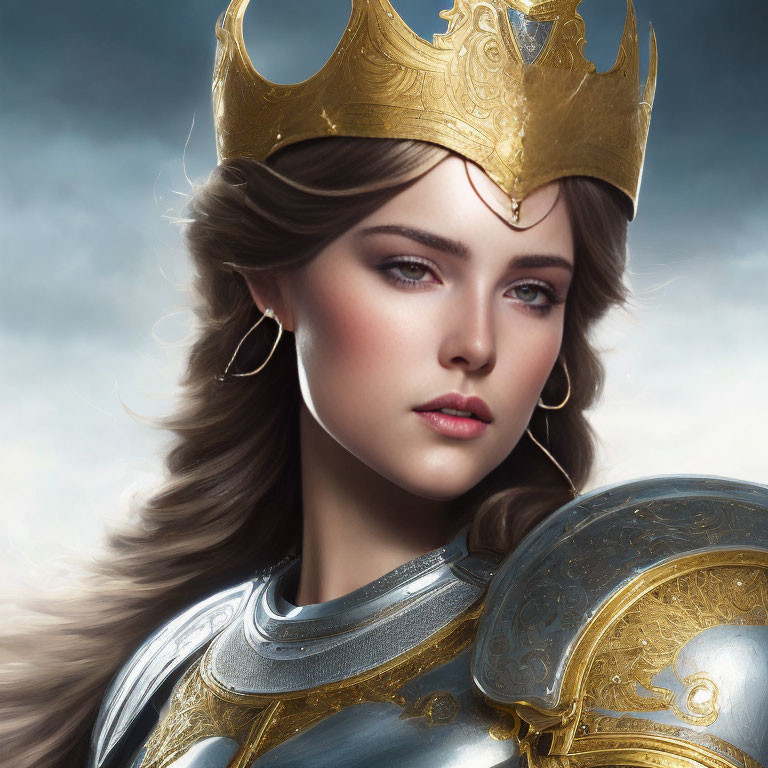 Medieval-style queen digital artwork with golden crown and armor