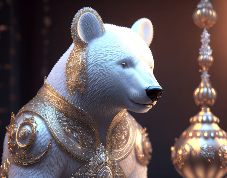 White Bear in Golden Armor on Dark Background