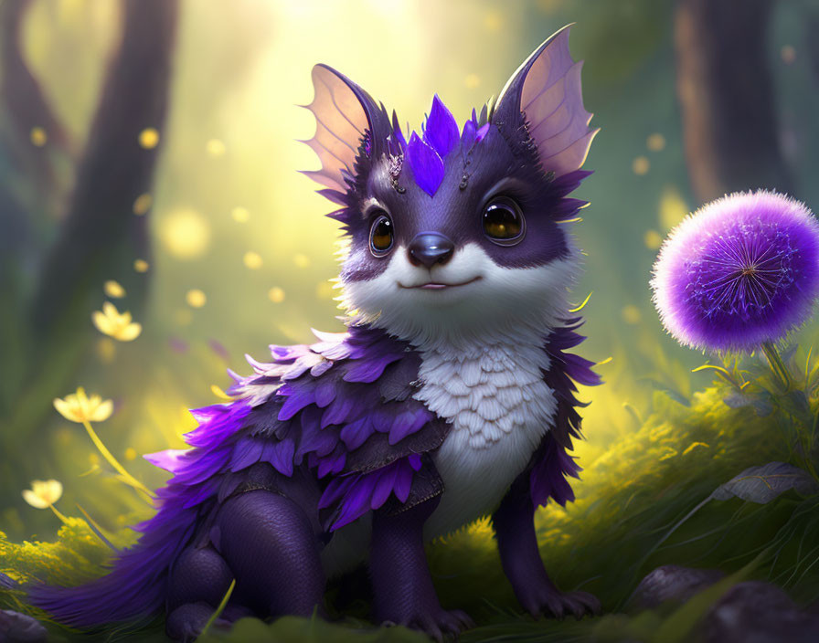 Whimsical creature with large ears in magical forest with glowing flowers