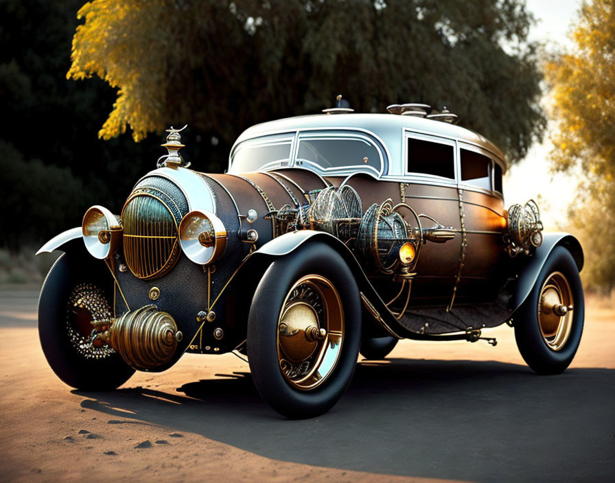 Luxury Vintage Car with Gold Accents and Oversized Wheels on Sunlit Road