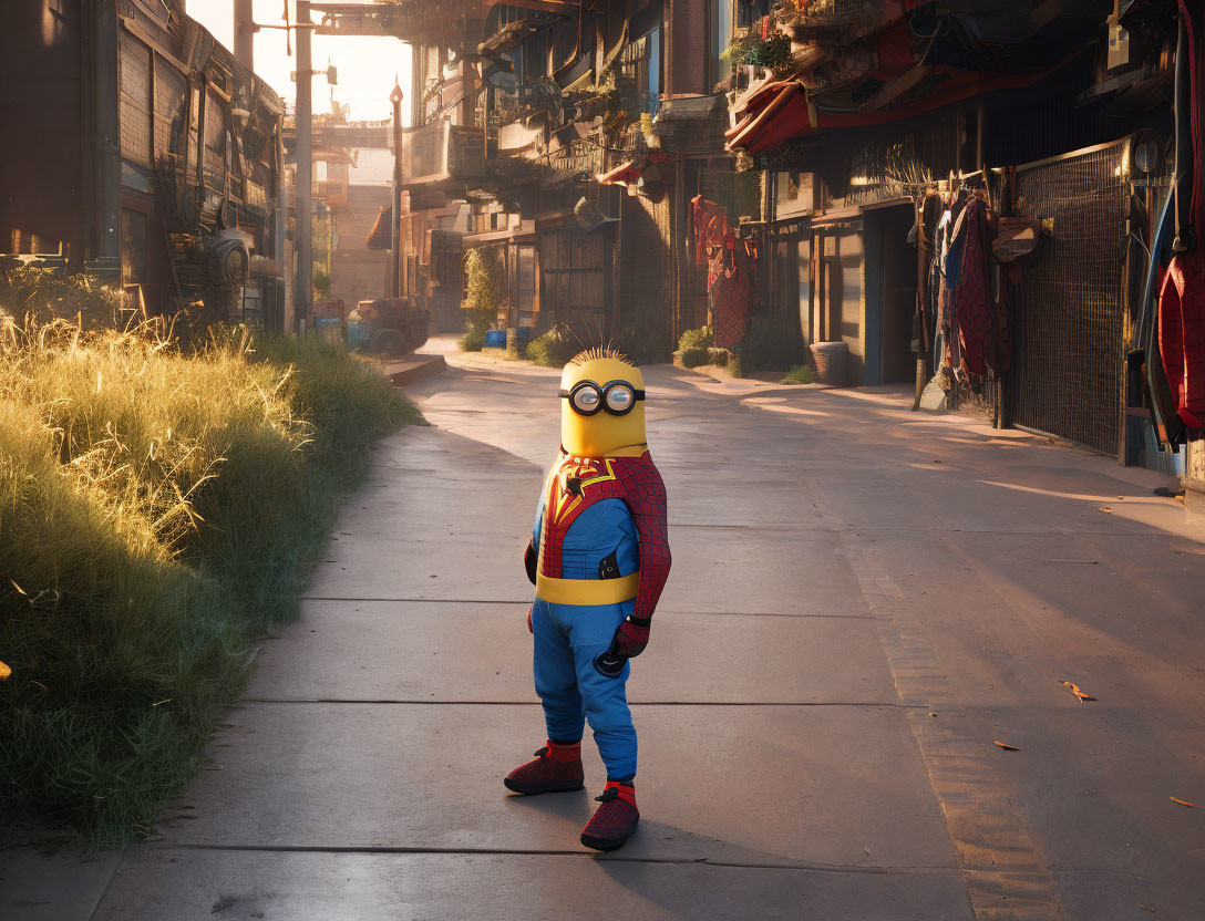 Minion in overalls in sunlit urban alley with old buildings and hanging laundry