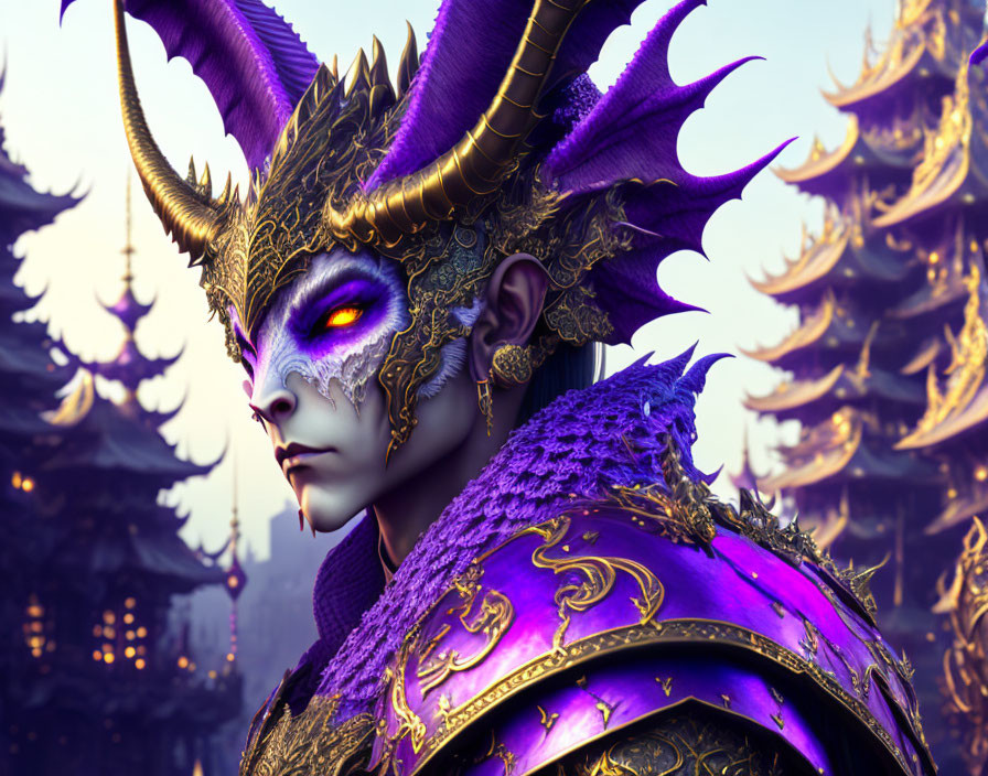 Fantasy character with purple skin, golden horns, and violet eyes in ornate digital art