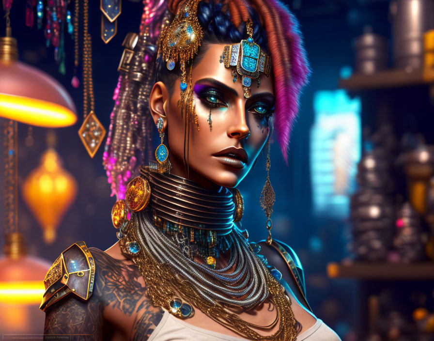 Detailed digital artwork of woman with gold jewelry, vibrant makeup, mohawk, futuristic setting