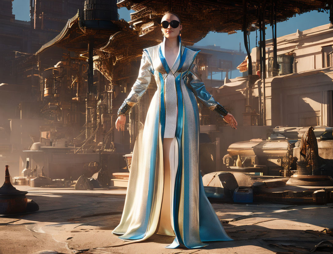 Confident woman in futuristic city square in blue and gold costume.