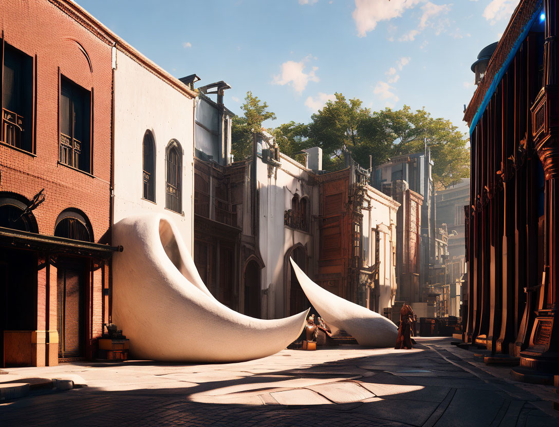 Surreal city street with oversized human mustache sculptures amidst historic buildings