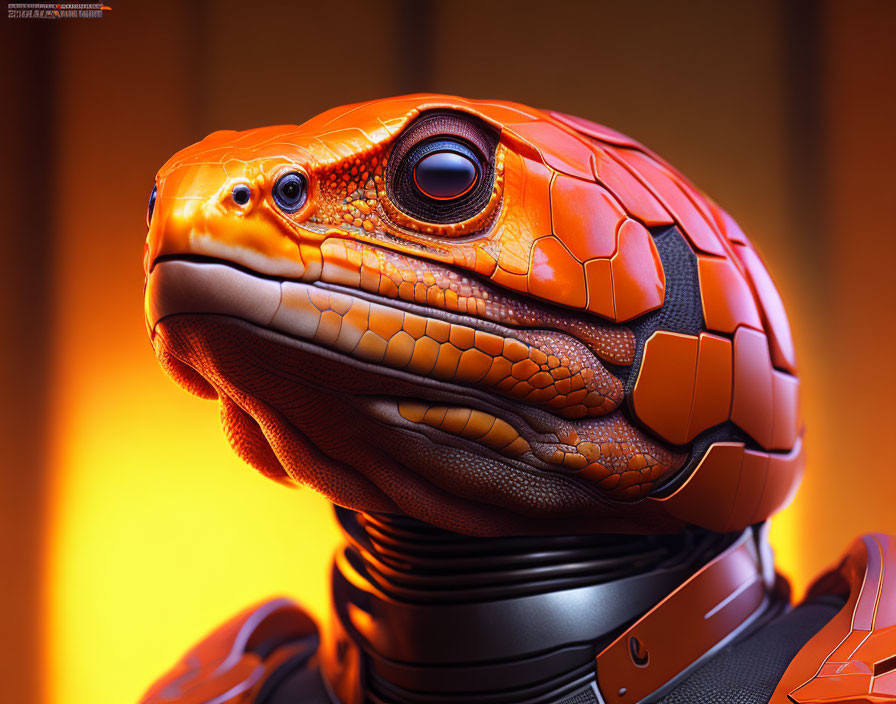Detailed digital artwork of orange robotic gecko on glowing background