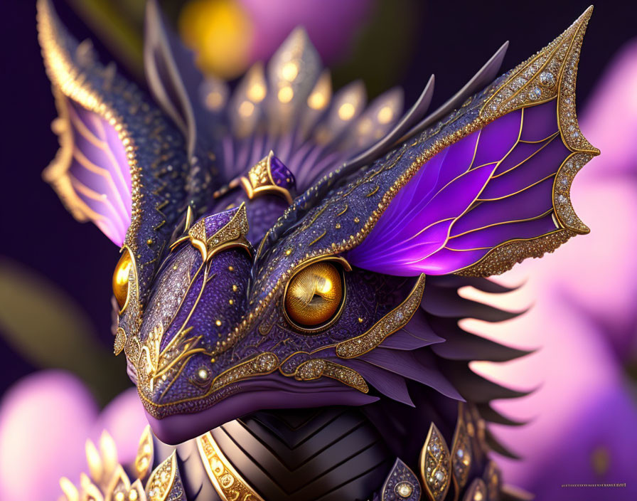 Detailed Digital Artwork: Majestic Purple Dragon with Gold Embellishments