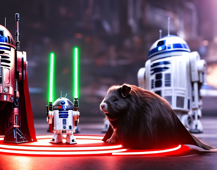 Sci-fi guinea pig with R2-D2 and droid in dramatic setting