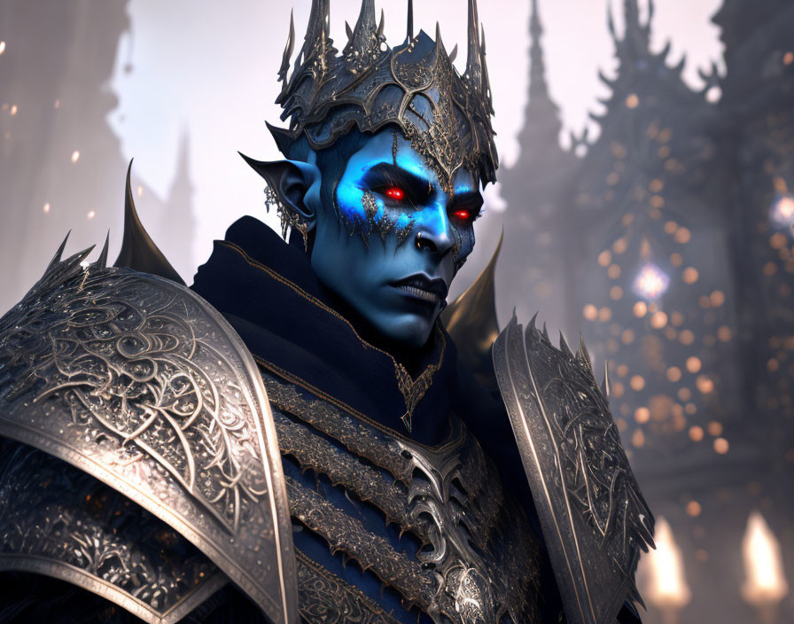 Blue-skinned fantasy figure in silver armor with glowing red eyes in gothic setting