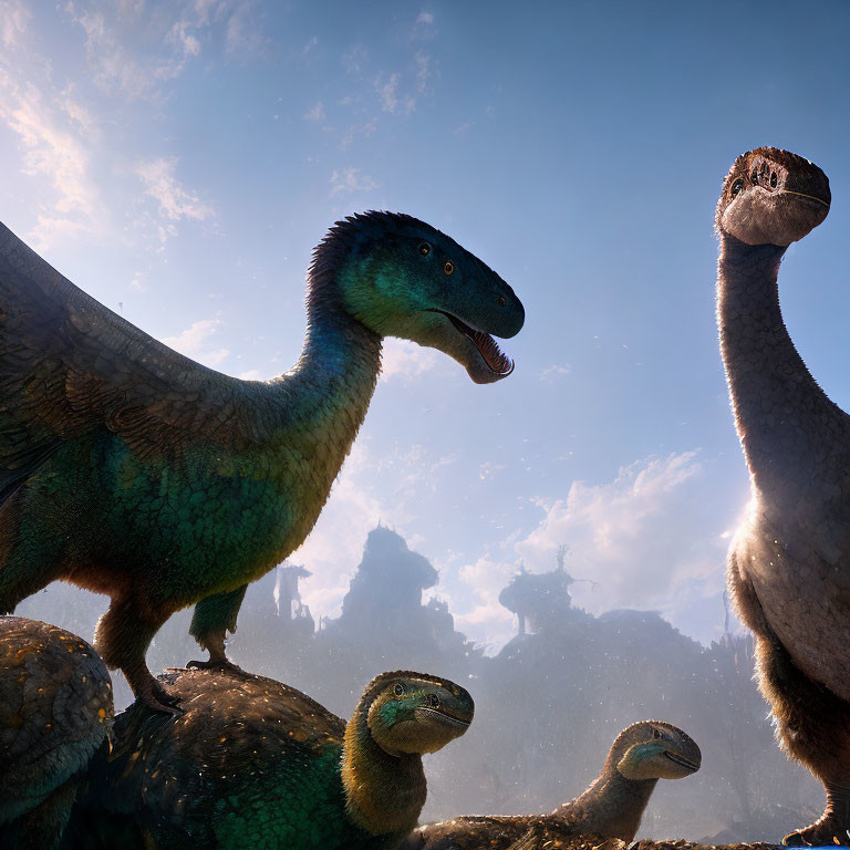 Colorful Feathered Theropod Dinosaurs in Sunlit Prehistoric Scene