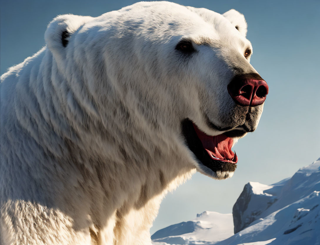 Close-up Polar Bear with Mouth Open Against Snowy Mountains & Blue Sky