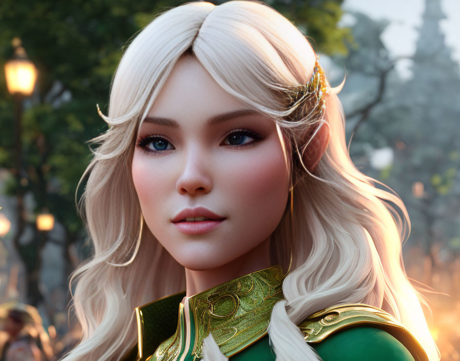 Platinum blonde female character in green armor artwork