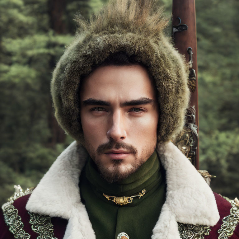 Intense gaze man in fur hat and vintage military attire in forest