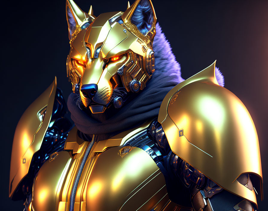 Futuristic anthropomorphic wolf character in golden armor with cybernetic enhancements on dark background
