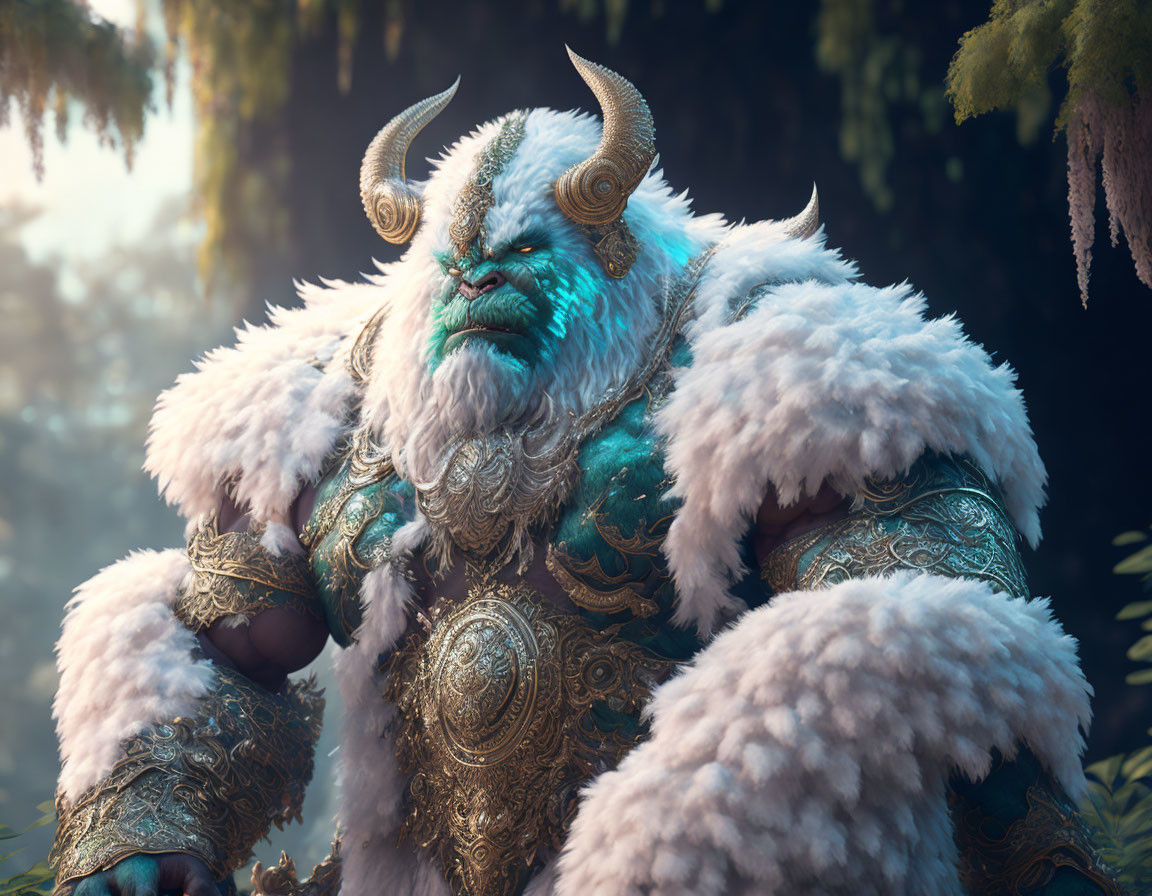 Blue-skinned creature with horns and fur armor in misty forest