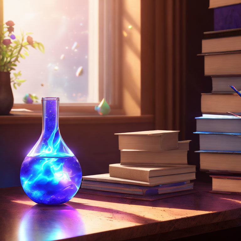 Blue potion in flask on table with books and crystals in sunlight