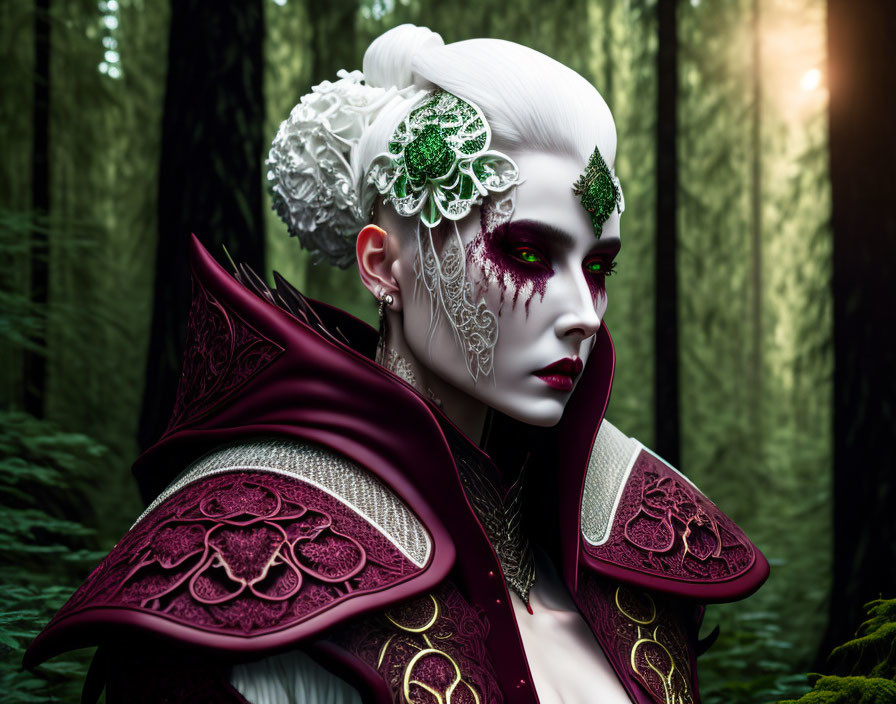 Person with White Hair and Elaborate Makeup in Fantasy Armor and Enchanted Forest