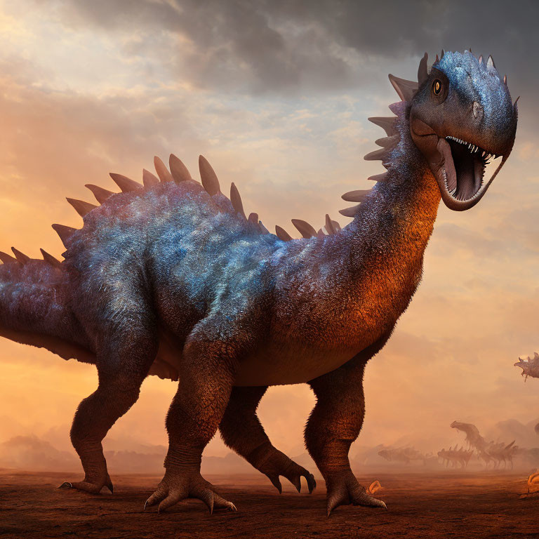 Vibrant Blue and Orange Dinosaur in Prehistoric Landscape