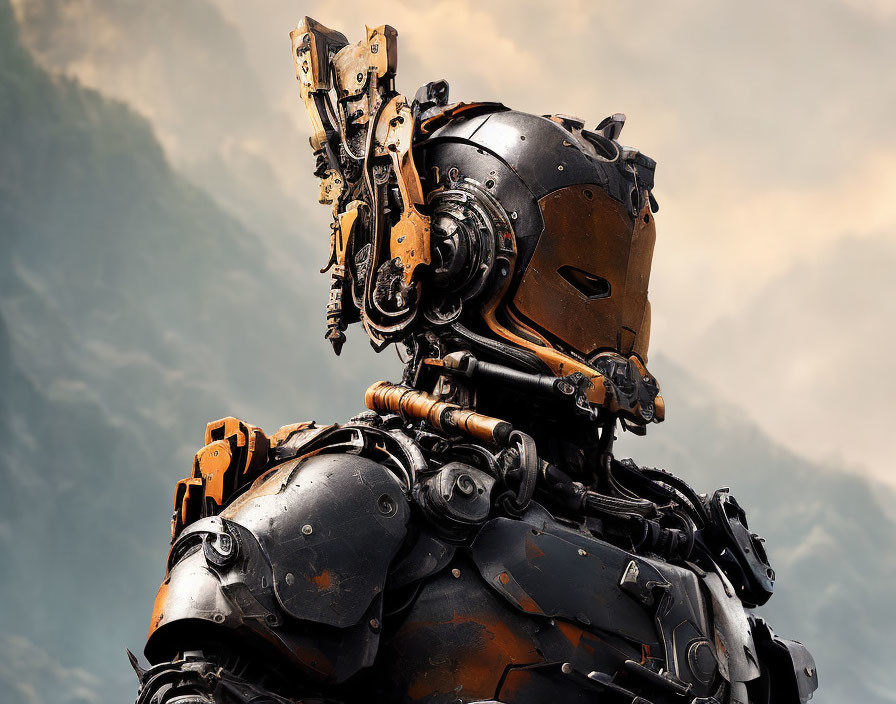 Detailed Close-Up of Complex Mechanical Robot Against Mountain Background