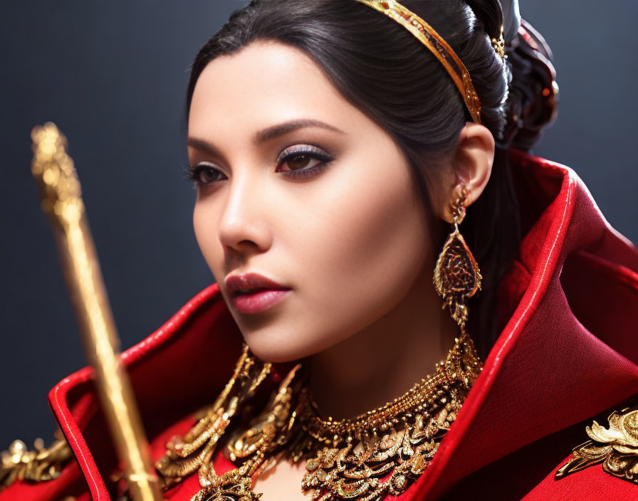 Regal woman in gold jewelry and red cloak holding scepter on dark background