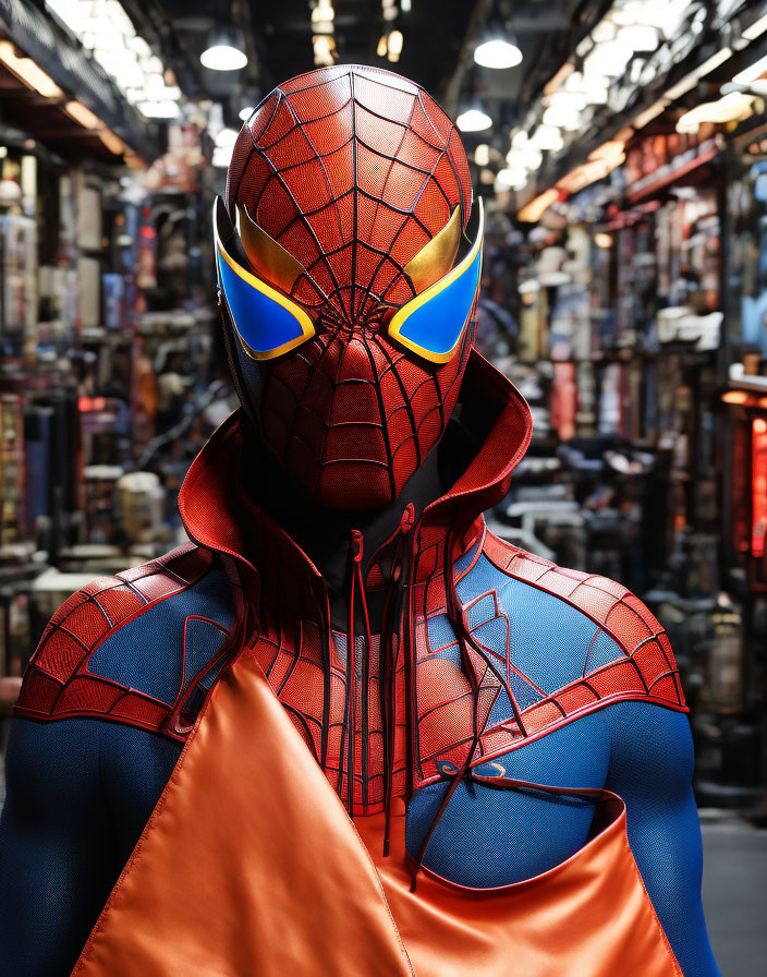 Detailed Spider-Man Costume with Red Mask and Web Patterns in Industrial Setting
