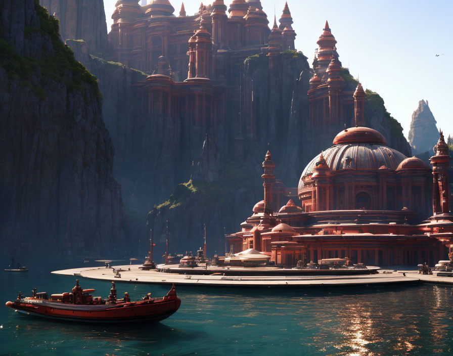 Reddish palace with domes and spires near cliffs and sea with boats