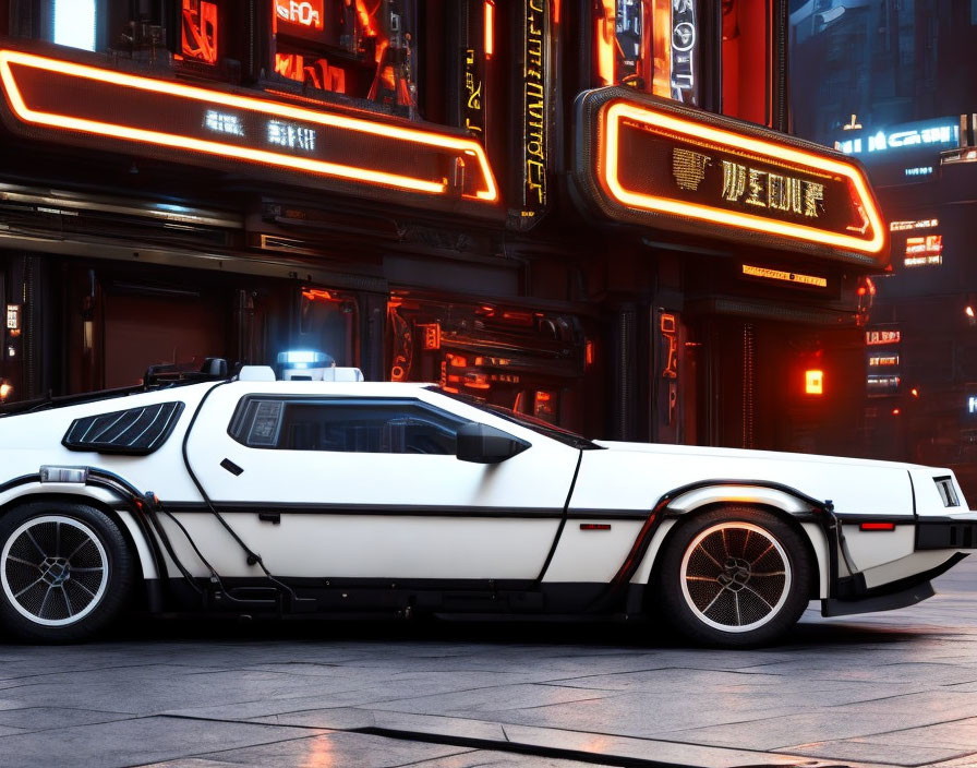 Futuristic white car with black trim parked on neon-lit city street at dusk.