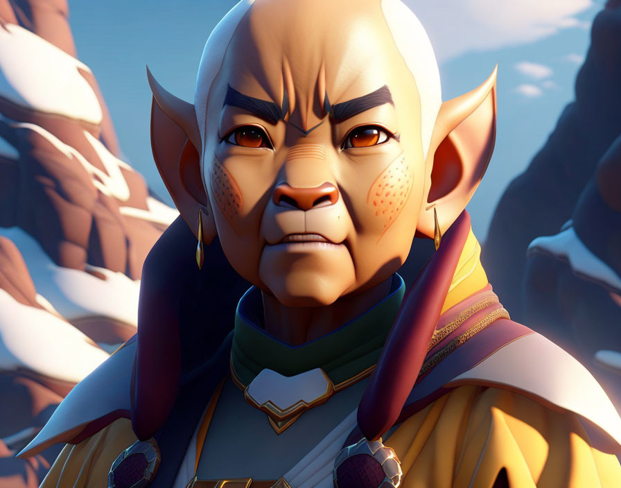 Animated character with pointed ears, tusks, and golden skin in regal outfit against mountain backdrop