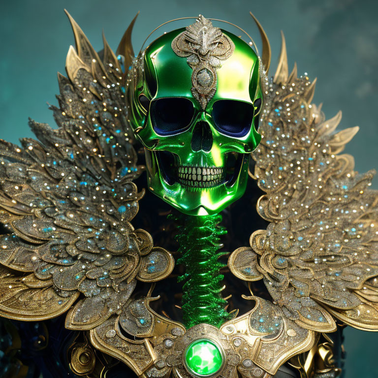 Metallic skull with glowing green eyes and gemstone, adorned in golden winged armor.