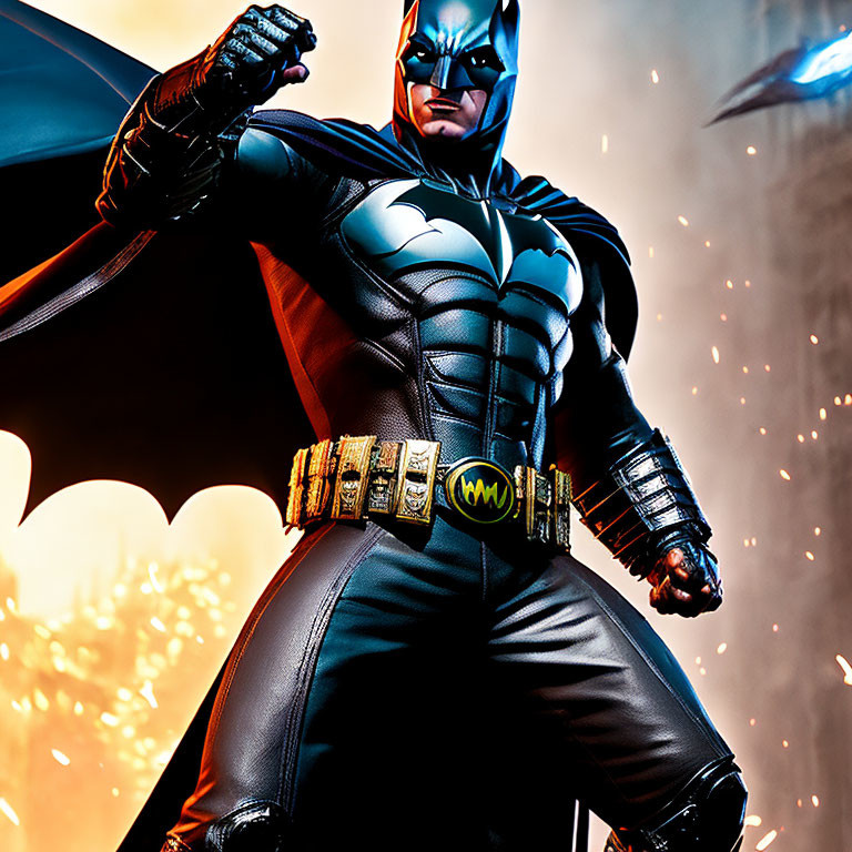 Batman costume with cape, bat symbol, and utility belt in front of Bat-Signal backdrop