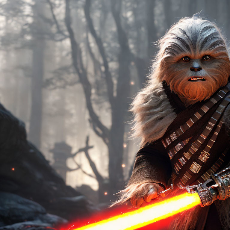 Wookiee character with red lightsaber in misty forest