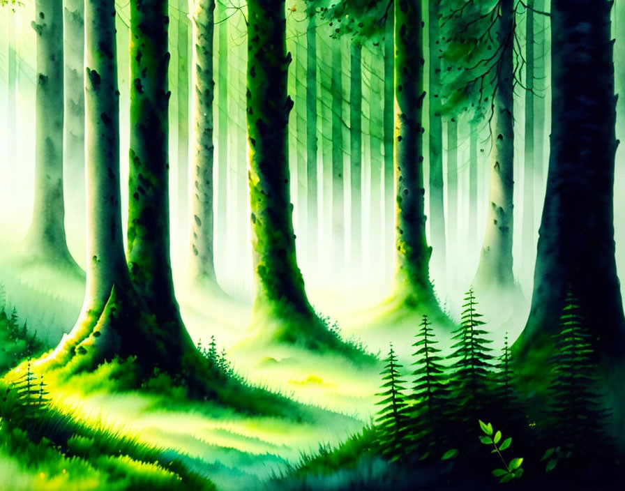 Mystical forest watercolor painting with sunlight filtering through tall trees