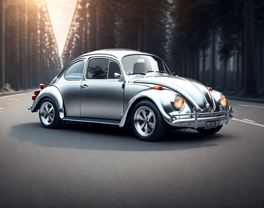 Classic Silver Volkswagen Beetle Driving on Forest Road with Sunbeams
